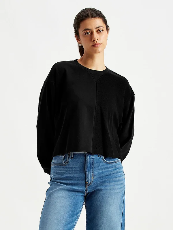 Women's Solid Black Crew Neck Sweatshirt Hoodie with Button Classic Timeless