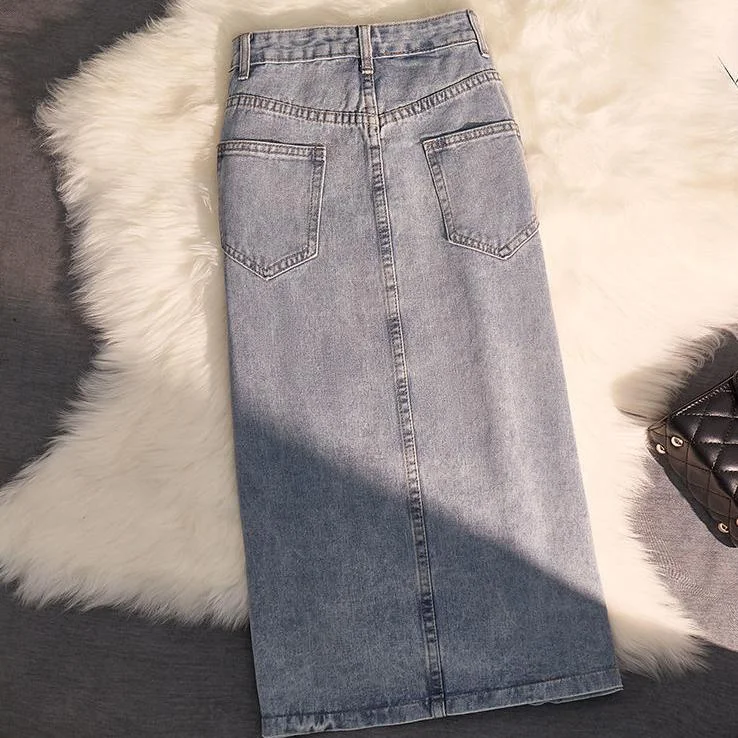 Women's Summer Side Split Mid-length Large Size Denim Skirt High Waist Light Blue Versatile Casual A-line Skirt a-line skirt cut