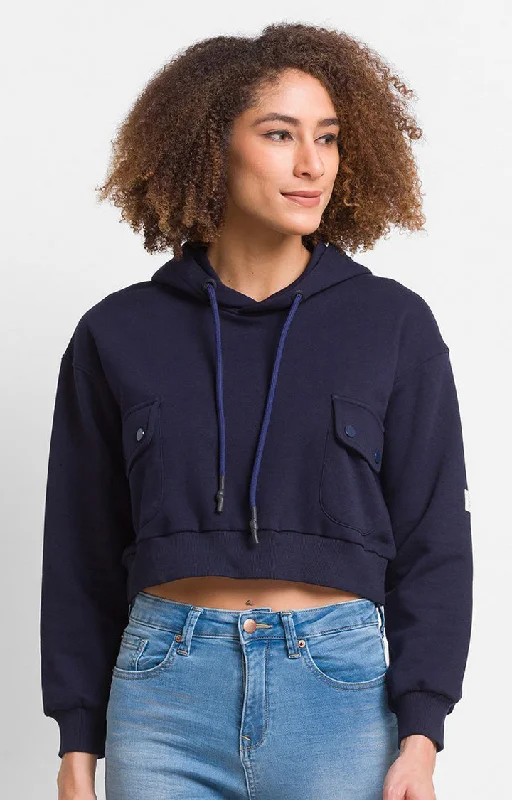 Spykar Deep Navy Cotton Blend Full Sleeve Hooded Sweatshirts For Women Hoodie with Relaxed Fit Easy Casual