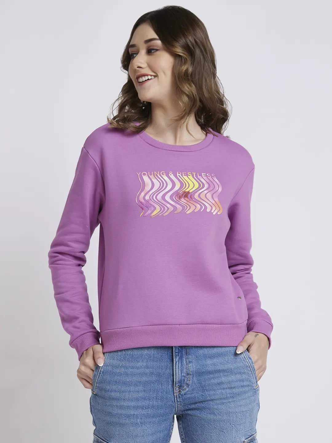 Spykar Women Digitallavender Blended Regular Fit Round Neck Printed Sweatshirt Hoodie with Tied Waist Feminine Flattering Spykar Women Digitallavender Blended Regular Fit Round Neck Printed Sweatshirt Hoodie with Tied Waist Feminine Flattering