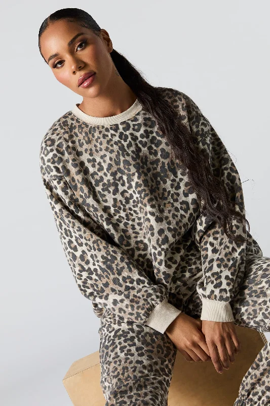 Oversized Cheetah Print Fleece Sweatshirt Hoodie with Button Placket Classic Preppy