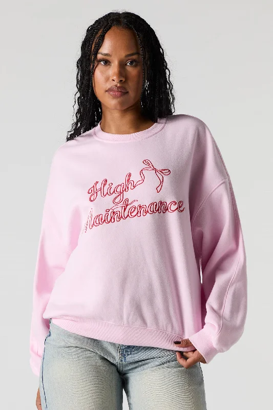 High Maintenance Embroidered Fleece Sweatshirt Hoodie with Hem Detail Decorative Unique High Maintenance Embroidered Fleece Sweatshirt Hoodie with Hem Detail Decorative Unique