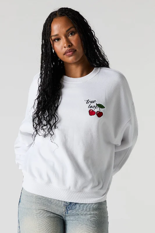 True Love Cherry Embroidered Fleece Sweatshirt Hoodie with Turtle Neck Cozy Winter