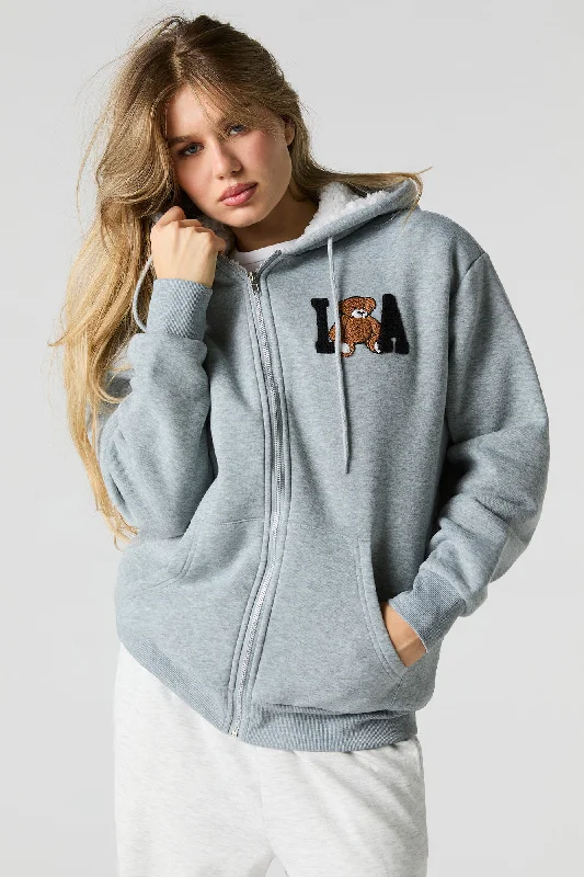 Chenille Embroidered Faux Fur Lined Fleece Hoodie Hoodie with Side Slits Relaxed Casual Chenille Embroidered Faux Fur Lined Fleece Hoodie Hoodie with Side Slits Relaxed Casual