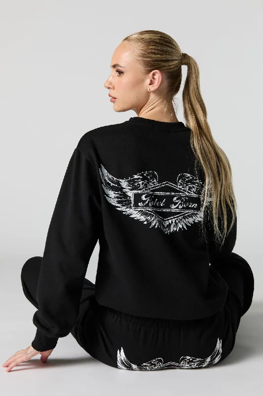 Rebel Born Rhinestone Graphic Fleece Sweatshirt Hoodie with Turtle Neck Cozy Winter
