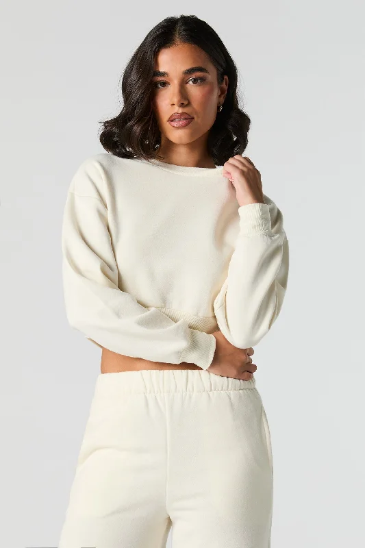 Cropped Fleece Sweatshirt Hoodie with Half-Zip Sporty Casual