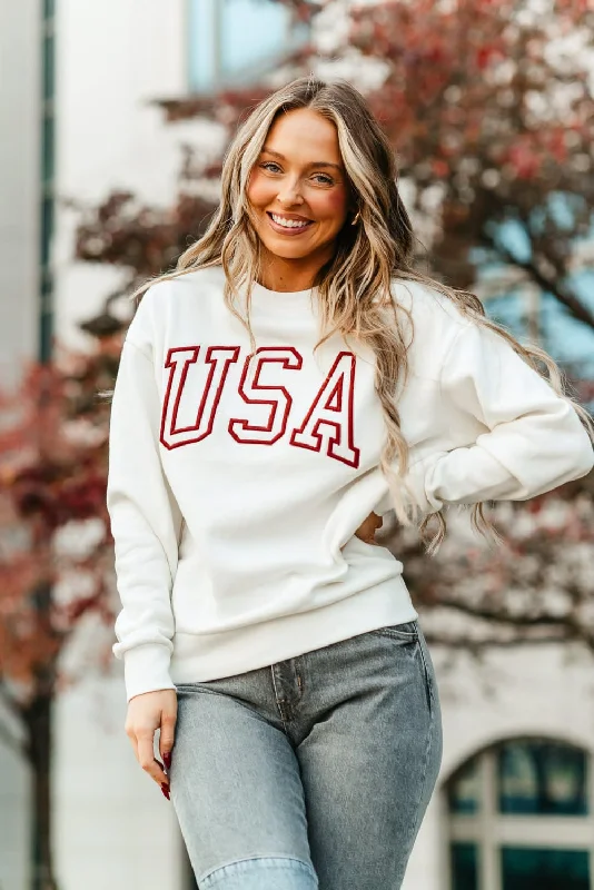 1897 Active USA Embroidered Fleece Sweatshirt for Women in Ivory | GT810-USA-IVORY Hoodie with Puffed Sleeves Voluminous Trendy