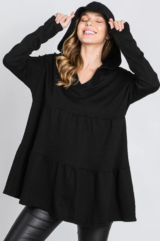 BLACK FRECH TERRY LONG SLEEVES TIERED TUNIC HOODIE TOP SO3321T Hoodie with Tied Waist Feminine Flattering BLACK FRECH TERRY LONG SLEEVES TIERED TUNIC HOODIE TOP SO3321T Hoodie with Tied Waist Feminine Flattering