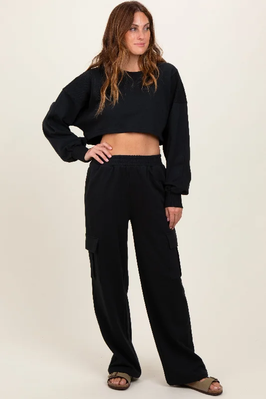 Black Oversized Crop Sweatshirt Cargo Sweatpant Set Hoodie with Neon Bright Vibrant