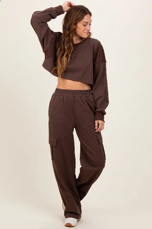 Brown Oversized Crop Sweatshirt Cargo Sweatpant Set Hoodie with Strings Custom Fit Adjustable Brown Oversized Crop Sweatshirt Cargo Sweatpant Set Hoodie with Strings Custom Fit Adjustable