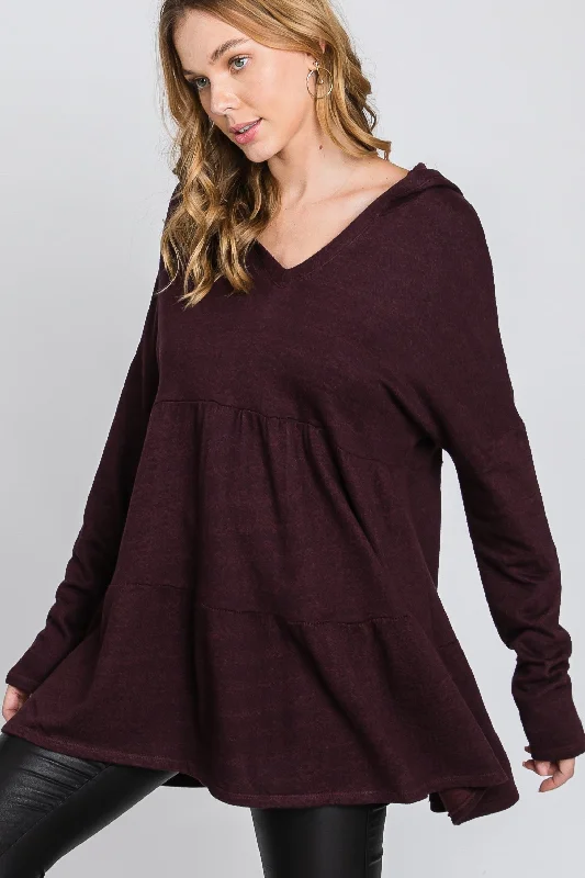 BURGUNDY FRECH TERRY LONG SLEEVES TIERED TUNIC HOODIE TOP SO3321T Hoodie with Lace Feminine Delicate BURGUNDY FRECH TERRY LONG SLEEVES TIERED TUNIC HOODIE TOP SO3321T Hoodie with Lace Feminine Delicate