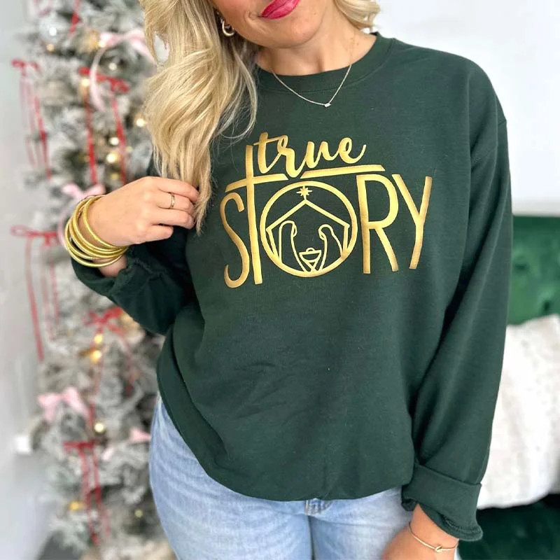 True Story Crewneck Sweatshirt Hoodie with Frayed Bohemian Relaxed