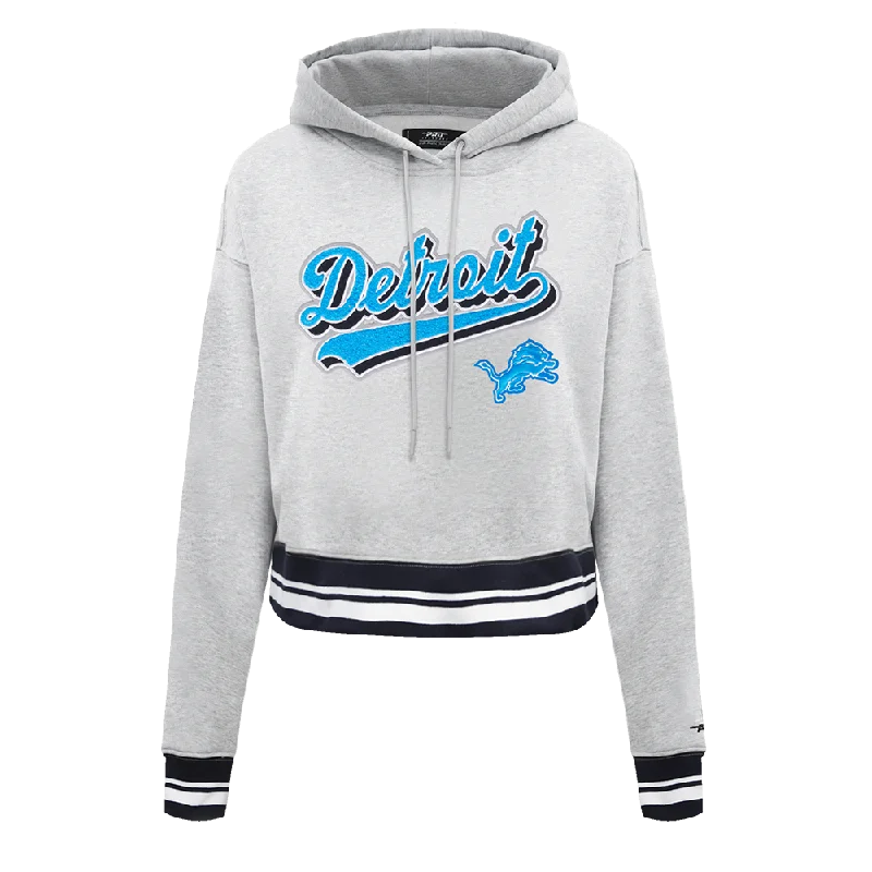 NFL DETROIT LIONS SCRIPT TAIL WOMEN'S RIB FLC CROPPED PO HOODIE (HEATHER GRAY/BLACK) Hoodie with Crew Neck Simple Timeless NFL DETROIT LIONS SCRIPT TAIL WOMEN'S RIB FLC CROPPED PO HOODIE (HEATHER GRAY/BLACK) Hoodie with Crew Neck Simple Timeless