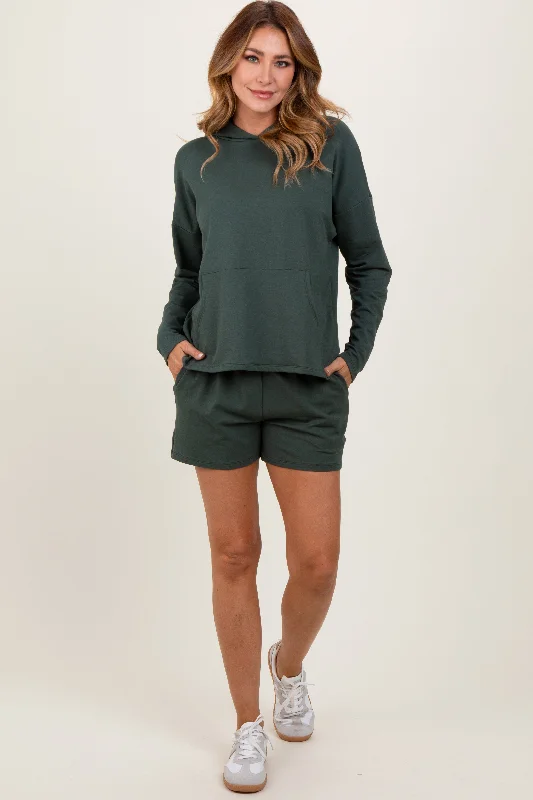 Forest Green Hoodie Shorts Set Hoodie with Illustration Artistic Creative