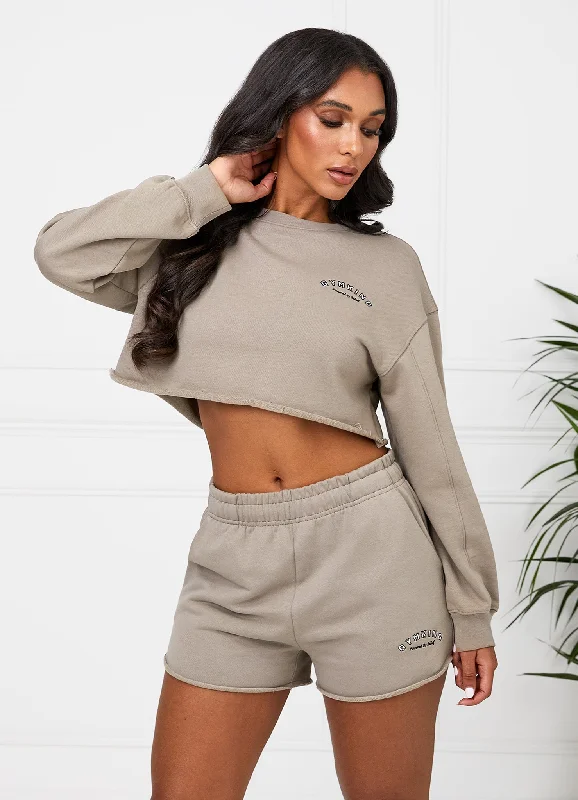 Gym King Radiance Crop Sweatshirt - Mocha Hoodie with Drawstring Waist Adjustable Fitted