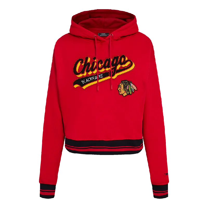 NHL CHICAGO BLACKHAWKS SCRIPT TAIL WOMEN'S RIB FLC CROPPED PO HOODIE (RED/BLACK) Hoodie with Relaxed Fit Easy Casual NHL CHICAGO BLACKHAWKS SCRIPT TAIL WOMEN'S RIB FLC CROPPED PO HOODIE (RED/BLACK) Hoodie with Relaxed Fit Easy Casual