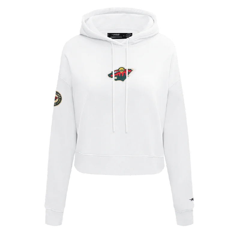 NHL MINNESOTA WILD CLASSIC WOMEN'S CROPPED FLC PO HOODIE (WHITE) Hoodie with Stripes Bold Sporty NHL MINNESOTA WILD CLASSIC WOMEN'S CROPPED FLC PO HOODIE (WHITE) Hoodie with Stripes Bold Sporty
