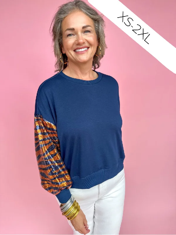 Mary Square | Millie Sweatshirt - Navy & Orange Hoodie with Rhinestones Sparkly Elegant Mary Square | Millie Sweatshirt - Navy & Orange Hoodie with Rhinestones Sparkly Elegant