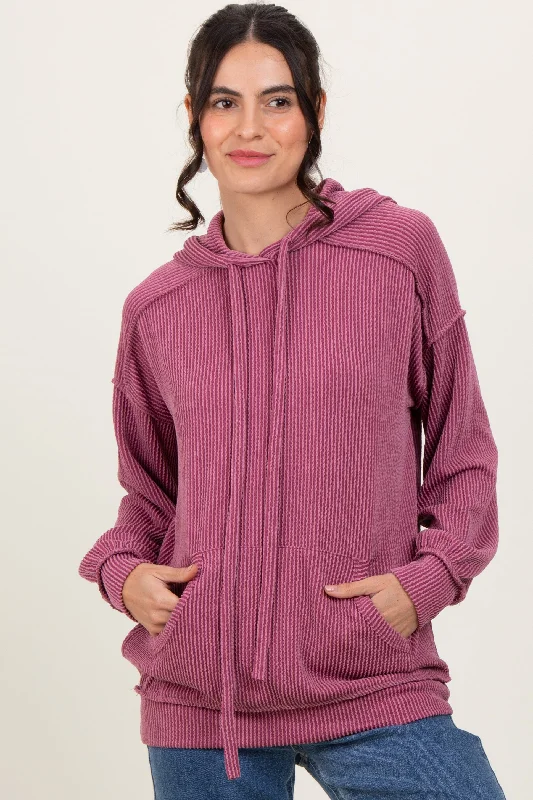 Mauve Ribbed Front Pocket Drawstring Hoodie Hoodie with Longline Fit Extended Stylish Mauve Ribbed Front Pocket Drawstring Hoodie Hoodie with Longline Fit Extended Stylish