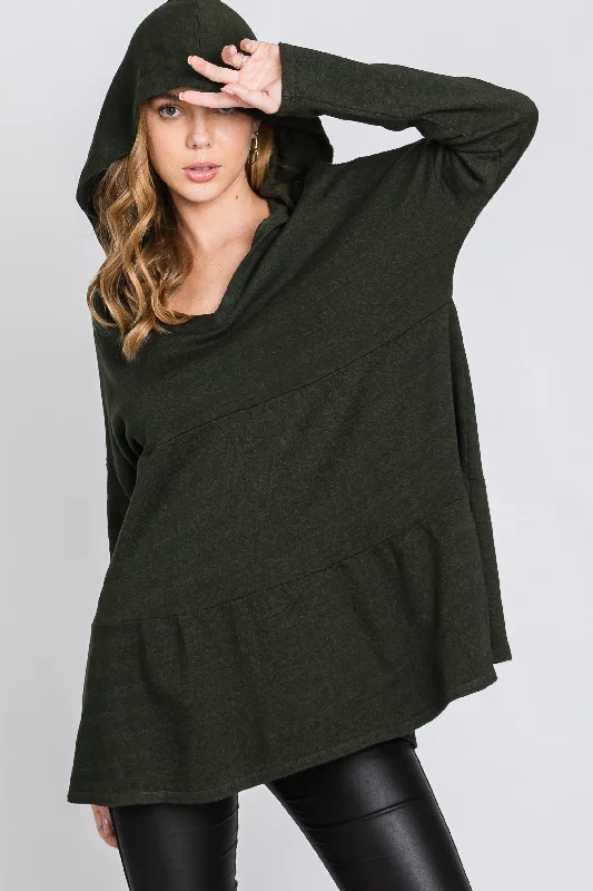 OLIVE FRECH TERRY LONG SLEEVES TIERED TUNIC HOODIE TOP SO3321T Hoodie with Relaxed Fit Easy Casual OLIVE FRECH TERRY LONG SLEEVES TIERED TUNIC HOODIE TOP SO3321T Hoodie with Relaxed Fit Easy Casual