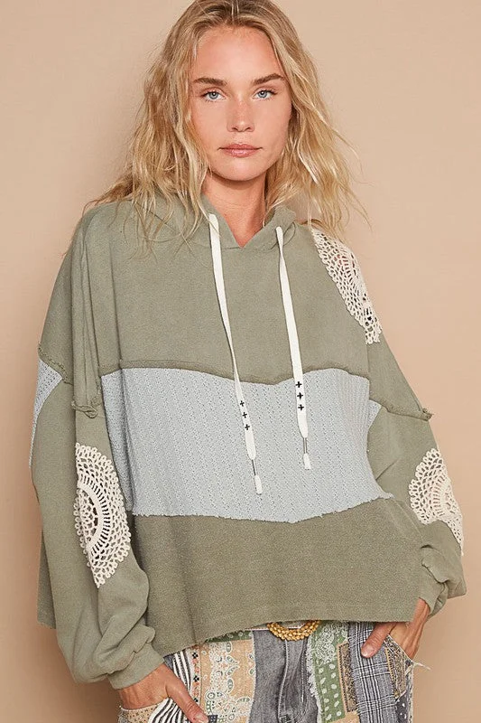 POL Openwork Contrast Dropped Shoulder Hoodie Hoodie with Earth Tones Natural Calm