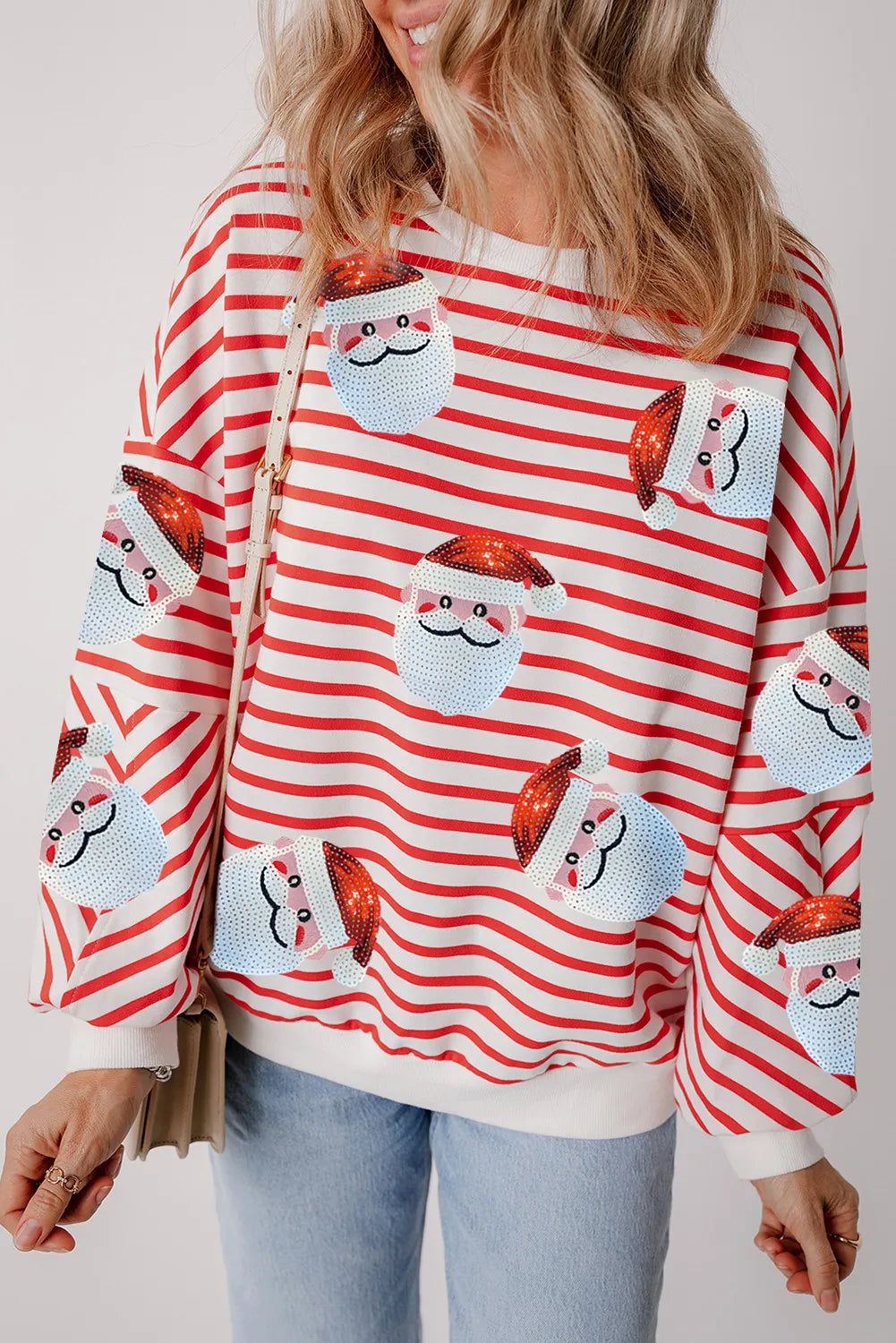 Sequin Santa Striped Round Neck Long Sleeve Sweatshirt Hoodie with Hem Fringe Bohemian Relaxed Sequin Santa Striped Round Neck Long Sleeve Sweatshirt Hoodie with Hem Fringe Bohemian Relaxed