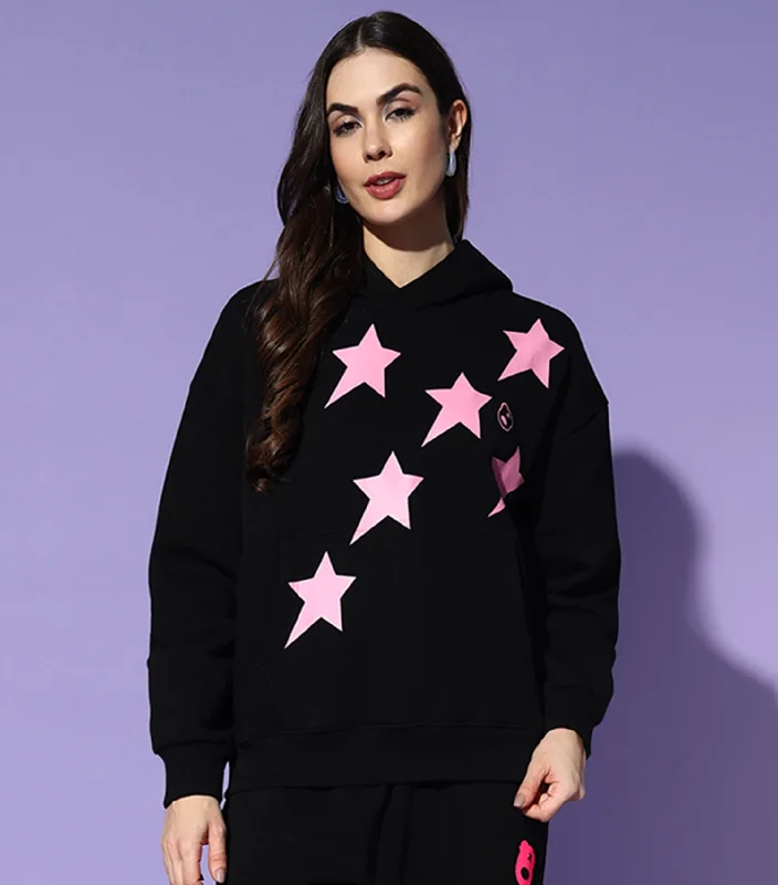STAR Hoodie Neck Oversized Sweatshirt Hoodie with Sequins Glamorous Eye-catching