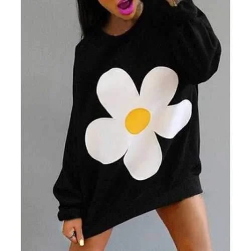 Stylish Round Neck Long Sleeve Flower Pattern Loose Sweatshirt For Women - Black M Hoodie with Back Slit Movement Comfort Stylish Round Neck Long Sleeve Flower Pattern Loose Sweatshirt For Women - Black M Hoodie with Back Slit Movement Comfort