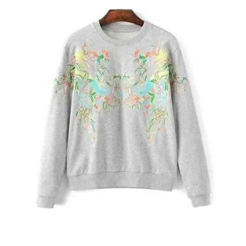 Stylish Round Neck Long Sleeve Phoenix Embroidery Sweatshirt For Women - Light Gray M Hoodie with Front Slit Layering Stylish Stylish Round Neck Long Sleeve Phoenix Embroidery Sweatshirt For Women - Light Gray M Hoodie with Front Slit Layering Stylish