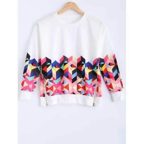 Long Sleeve Colorful Geometrical Sweatshirt - White L Hoodie with Typography Text Message Long Sleeve Colorful Geometrical Sweatshirt - White L Hoodie with Typography Text Message
