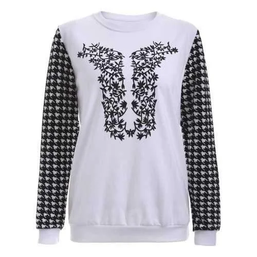Crew Neck Houndstooth Print Sweatshirt - White 2xl Hoodie with Side Slits Relaxed Casual Crew Neck Houndstooth Print Sweatshirt - White 2xl Hoodie with Side Slits Relaxed Casual