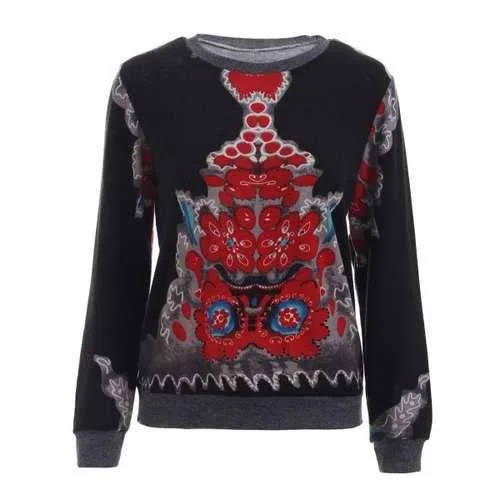 Casual Round Neck Printed Splicing Women's Sweatshirt - Black L Hoodie with Illustration Artistic Creative Casual Round Neck Printed Splicing Women's Sweatshirt - Black L Hoodie with Illustration Artistic Creative