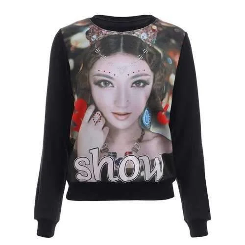 Chic Rhinestone Embellished Figure Print Women's Sweatshirt - Black Xl Hoodie with Contrast Stitching Detailed Premium Chic Rhinestone Embellished Figure Print Women's Sweatshirt - Black Xl Hoodie with Contrast Stitching Detailed Premium