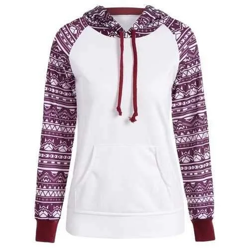 Printed Big Pocket Pullover Hoodie - White M Hoodie with Ribbed Neckline Snug Warm