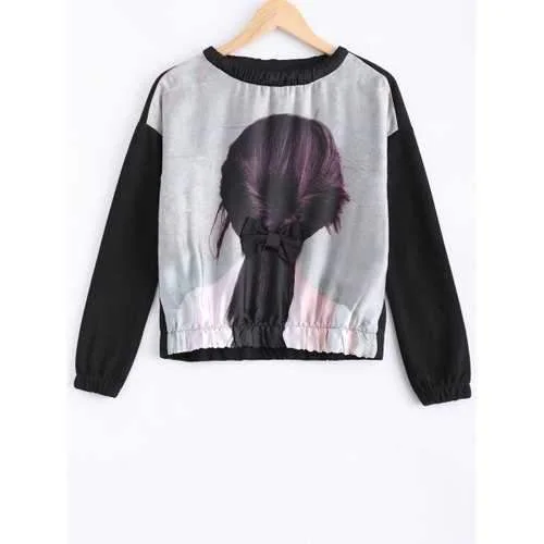 Girl Print Bowknot Sweatshirt - Black S Hoodie with Hem Applique Textured Unique