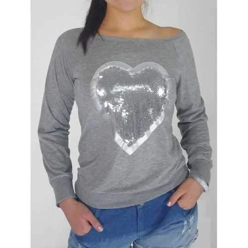 Sequin Embellished Heart Pattern Sweatshirt - Gray Xl Hoodie with Emblem Brand Identity