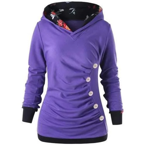 Buttoned Ruched Hoodie - Purple M Hoodie with Elastic Cuffs Stretchable Comfortable